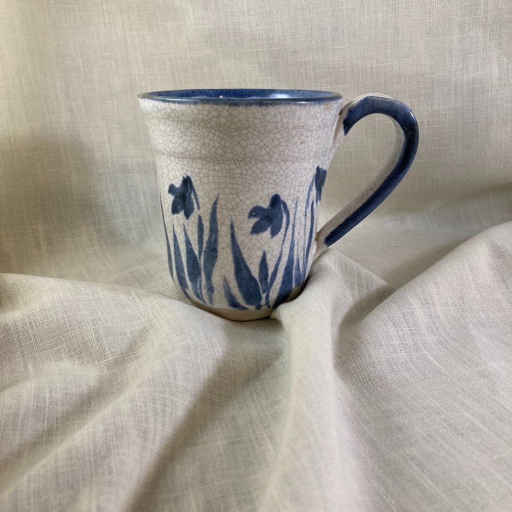 Glazed ceramic grey mug with Blue flowers, handmade, Cape Breton, Arts North